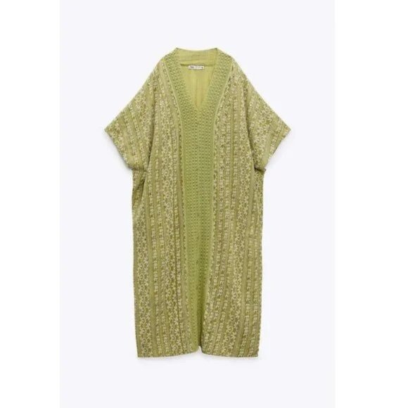 Zara Women's Embroidered 100% Cotton Tunic Maxi Dress Shisha Green Size S - Picture 2 of 14